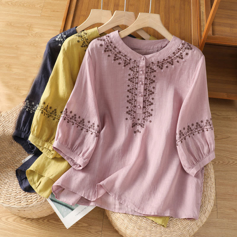 Buddha Stones Symmetrical Embroidery Cotton Women's Crew Neck Shirt