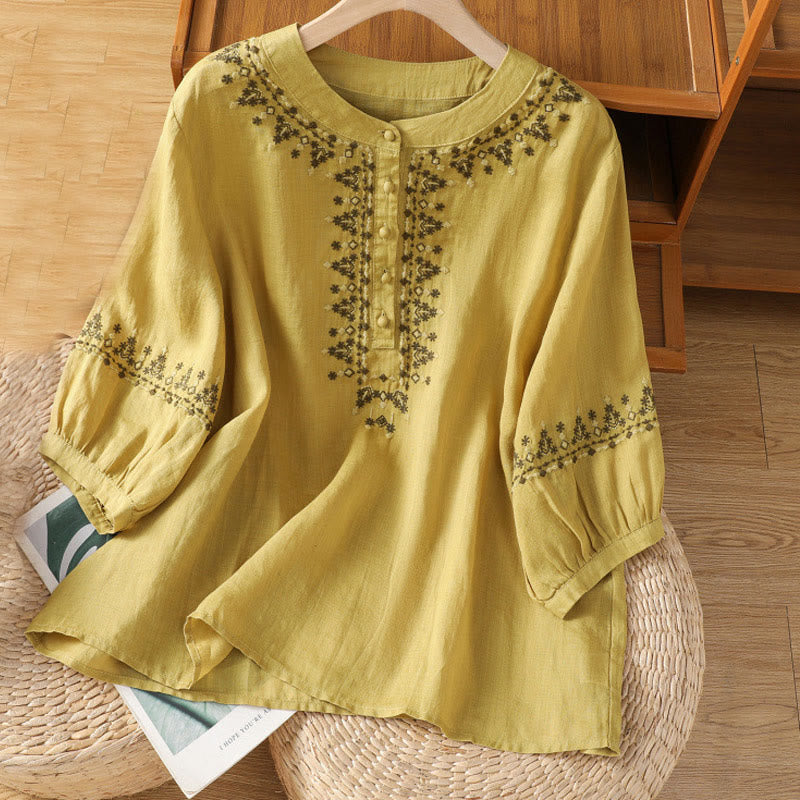 Buddha Stones Symmetrical Embroidery Cotton Women's Crew Neck Shirt