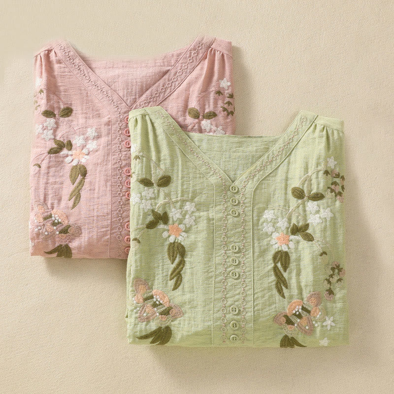 Buddha Stones Embroidery Flowers Leaves Cotton Women's V-neck Shirt