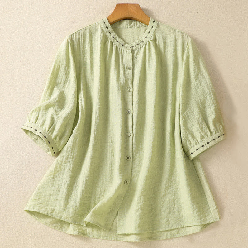 Buddha Stones Embroidery Design Cotton Button Women's Crew Neck Shirt