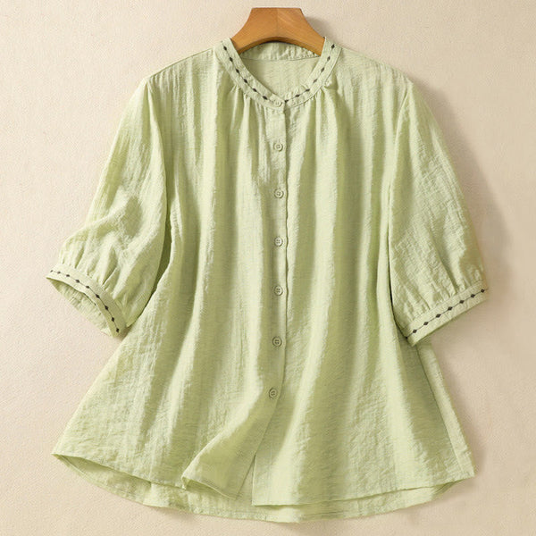 Buddha Stones Embroidery Design Cotton Button Women's Crew Neck Shirt