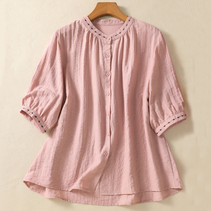 Buddha Stones Embroidery Design Cotton Button Women's Crew Neck Shirt