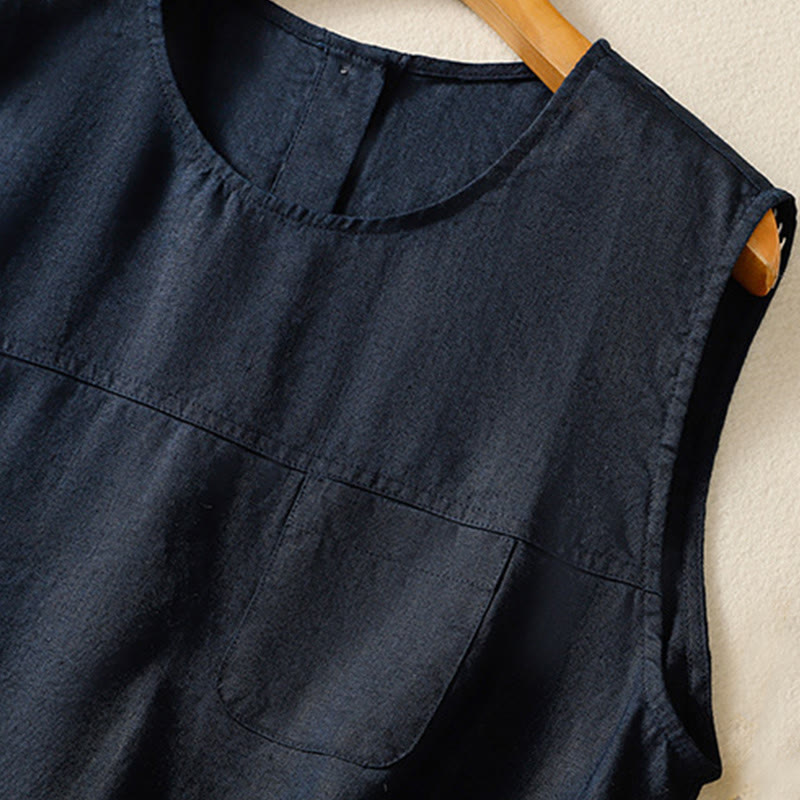 Buddha Stones Simple Crew Neck Button Design Women's Cotton Sleeveless Vest