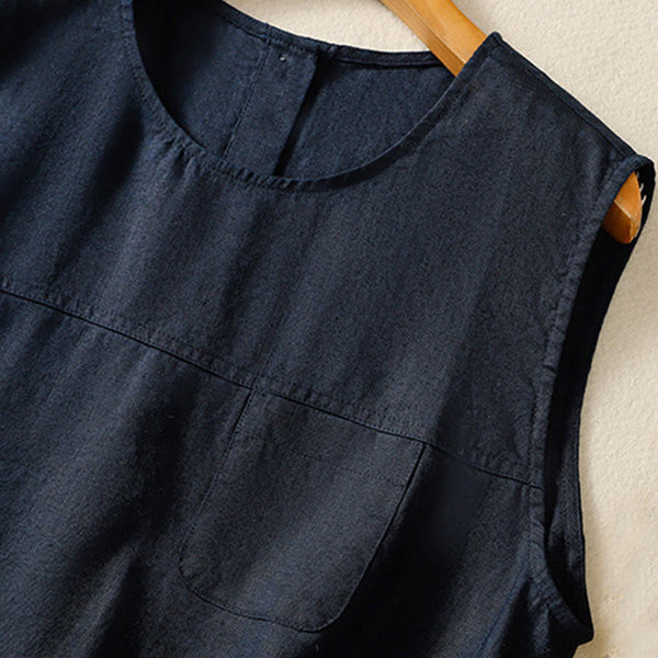 Buddha Stones Simple Crew Neck Button Design Women's Cotton Sleeveless Vest