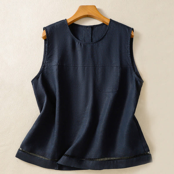 Buddha Stones Simple Crew Neck Button Design Women's Cotton Sleeveless Vest