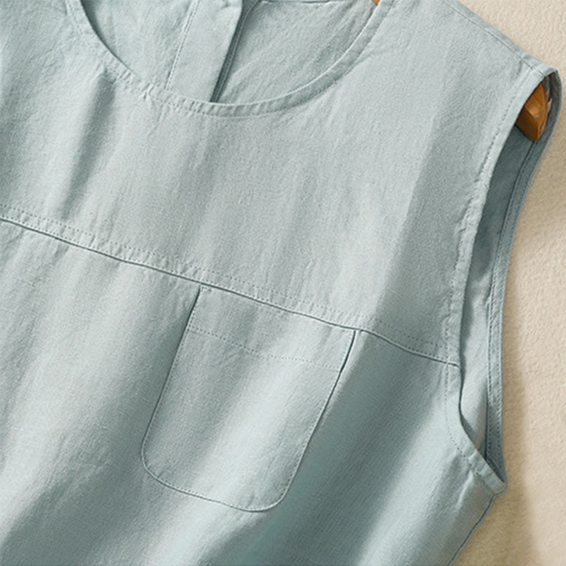 Buddha Stones Simple Crew Neck Button Design Women's Cotton Sleeveless Vest