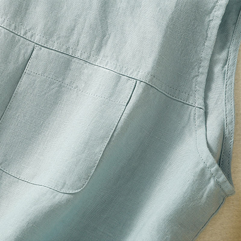 Buddha Stones Simple Crew Neck Button Design Women's Cotton Sleeveless Vest