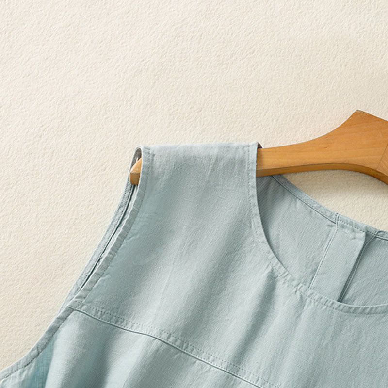 Buddha Stones Simple Crew Neck Button Design Women's Cotton Sleeveless Vest