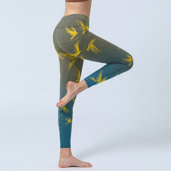 Buddha Stones Golden Flying Birds Print Gym Leggings Women's Yoga Pants