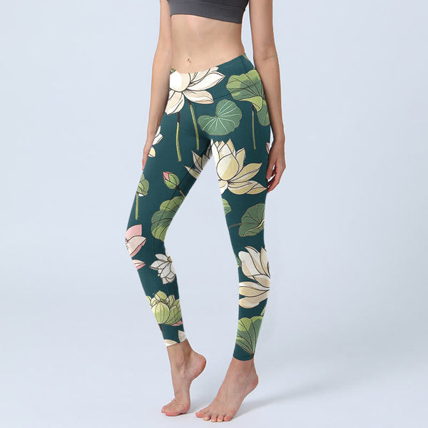 Buddha Stones Beige Pink Lotus Flowers Leaves Print Gym Leggings Women's Yoga Pants