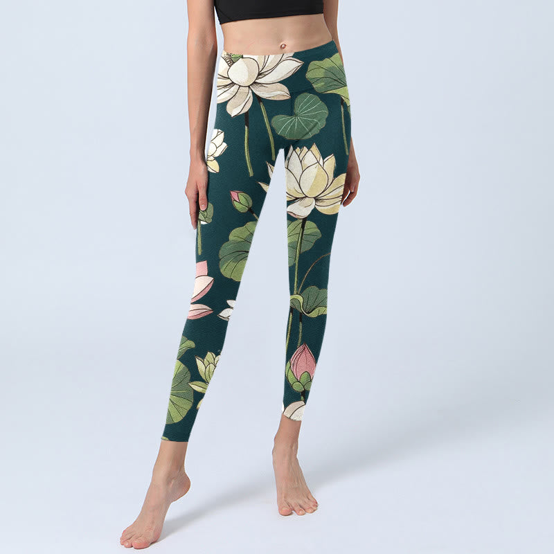 Buddha Stones Beige Pink Lotus Flowers Leaves Print Gym Leggings Women's Yoga Pants