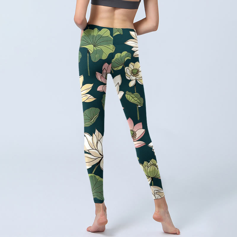 Buddha Stones Beige Pink Lotus Flowers Leaves Print Gym Leggings Women's Yoga Pants