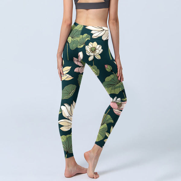 Buddha Stones Beige Pink Lotus Flowers Leaves Print Gym Leggings Women's Yoga Pants