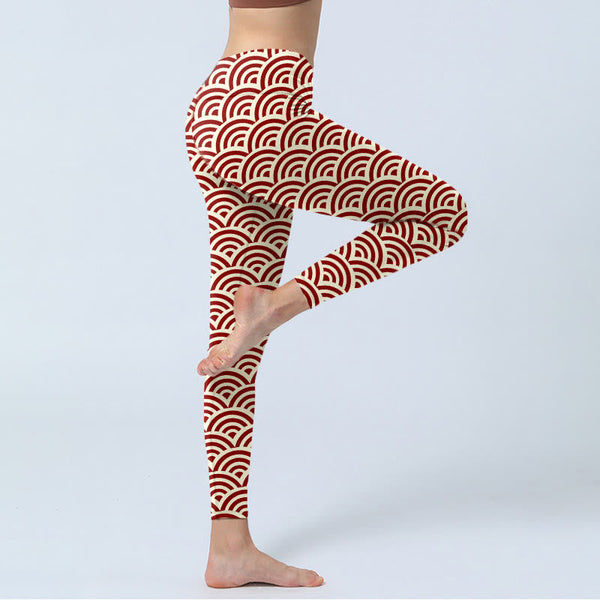 Buddha Stones Red Beige Fan Shapes Print Gym Leggings Women's Yoga Pants
