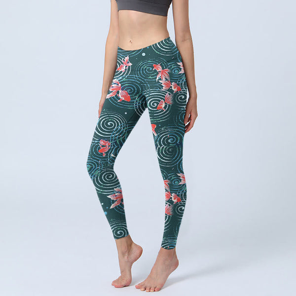 Buddha Stones Red Koi Fish Water Ripple Print Gym Leggings Women's Yoga Pants
