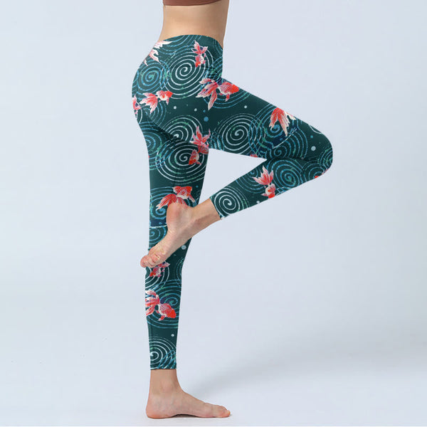 Buddha Stones Red Koi Fish Water Ripple Print Gym Leggings Women's Yoga Pants