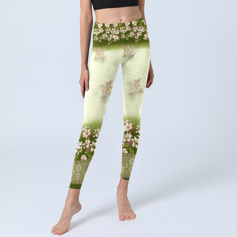 Buddha Stones Pink Flowers Green Leaves Print Gym Leggings Women's Yoga Pants