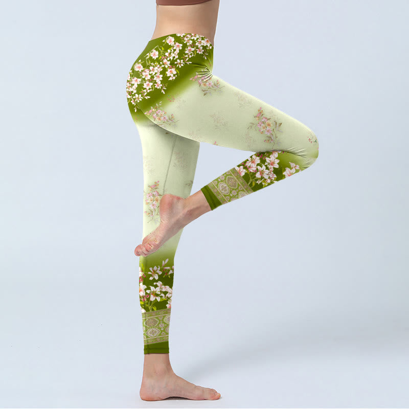 Buddha Stones Pink Flowers Green Leaves Print Gym Leggings Women's Yoga Pants