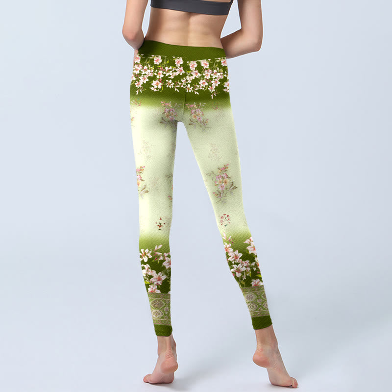Buddha Stones Pink Flowers Green Leaves Print Gym Leggings Women's Yoga Pants