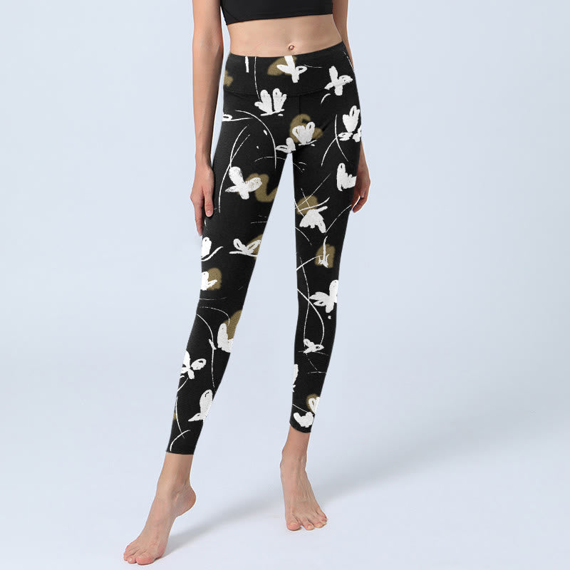 Buddha Stones White Butterflies Print Gym Leggings Women's Yoga Pants