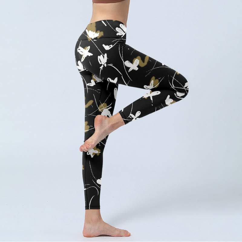 Buddha Stones White Butterflies Print Gym Leggings Women's Yoga Pants