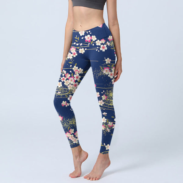 Buddha Stones Pink Magenta Flowers Green Leaves Print Gym Leggings Women's Yoga Pants