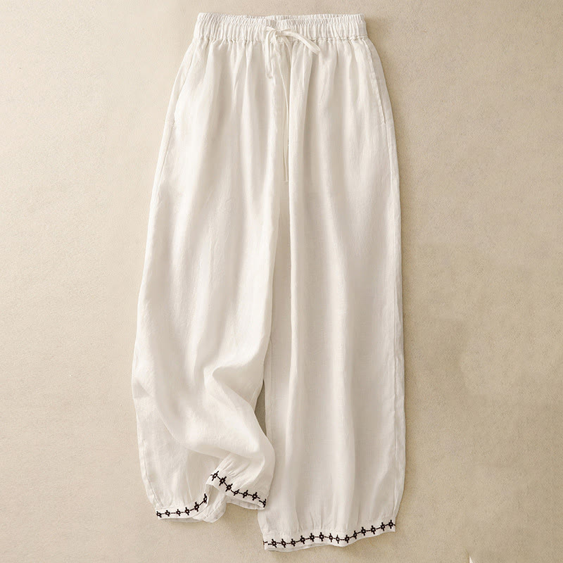 Buddha Stones Simple Embroidery 7-8 Length Cropped Women's Cotton Linen Harem Pants With Pockets