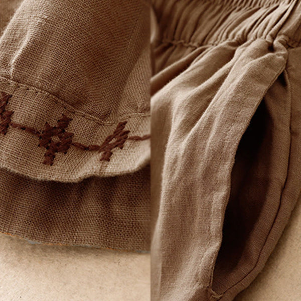 Buddha Stones Simple Embroidery 7-8 Length Cropped Women's Cotton Linen Harem Pants With Pockets