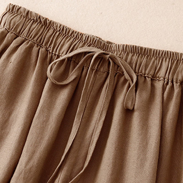 Buddha Stones Simple Embroidery 7-8 Length Cropped Women's Cotton Linen Harem Pants With Pockets