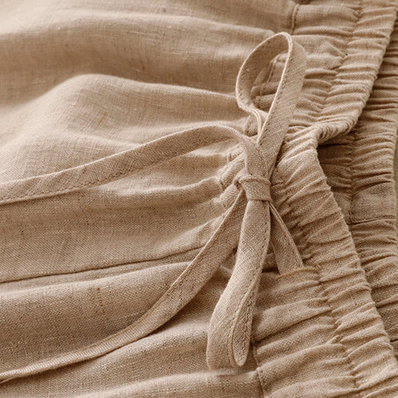 Buddha Stones Simple Embroidery 7-8 Length Cropped Women's Cotton Linen Harem Pants With Pockets