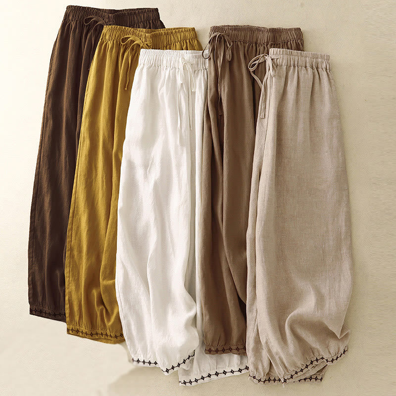 Buddha Stones Simple Embroidery 7-8 Length Cropped Women's Cotton Linen Harem Pants With Pockets