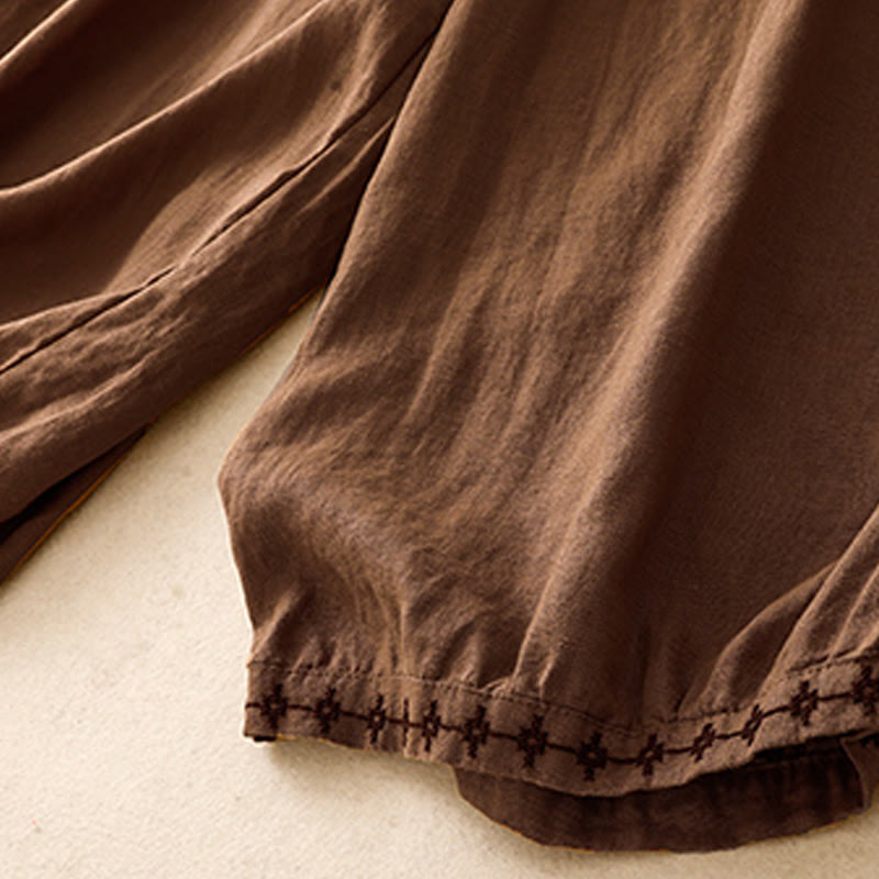 Buddha Stones Simple Embroidery 7-8 Length Cropped Women's Cotton Linen Harem Pants With Pockets