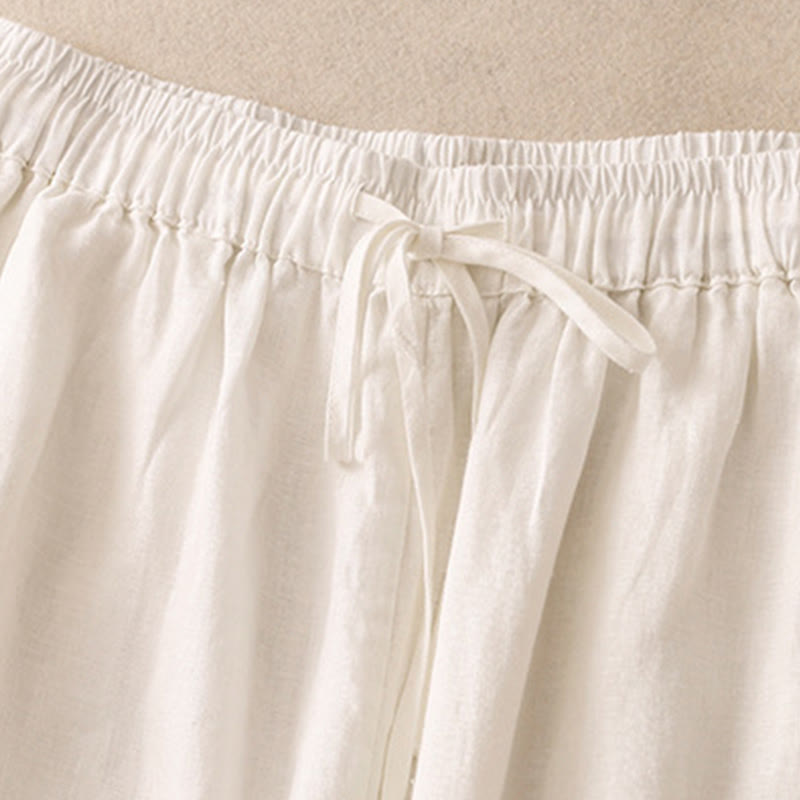 Buddha Stones Simple Embroidery 7-8 Length Cropped Women's Cotton Linen Harem Pants With Pockets