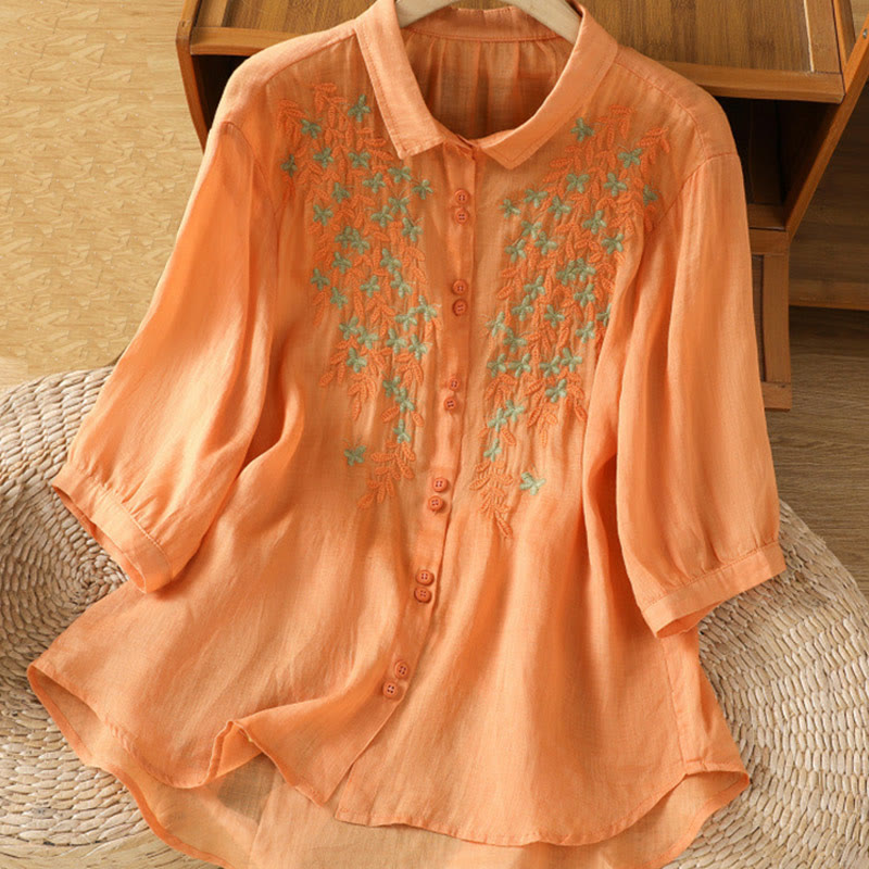 Buddha Stones Leaf Embroidery Cotton Buttons Half Sleeve Women's Shirt