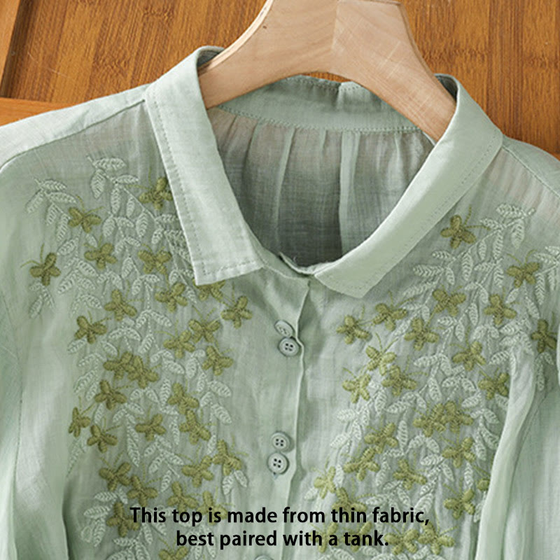 Buddha Stones Leaf Embroidery Cotton Buttons Half Sleeve Women's Shirt