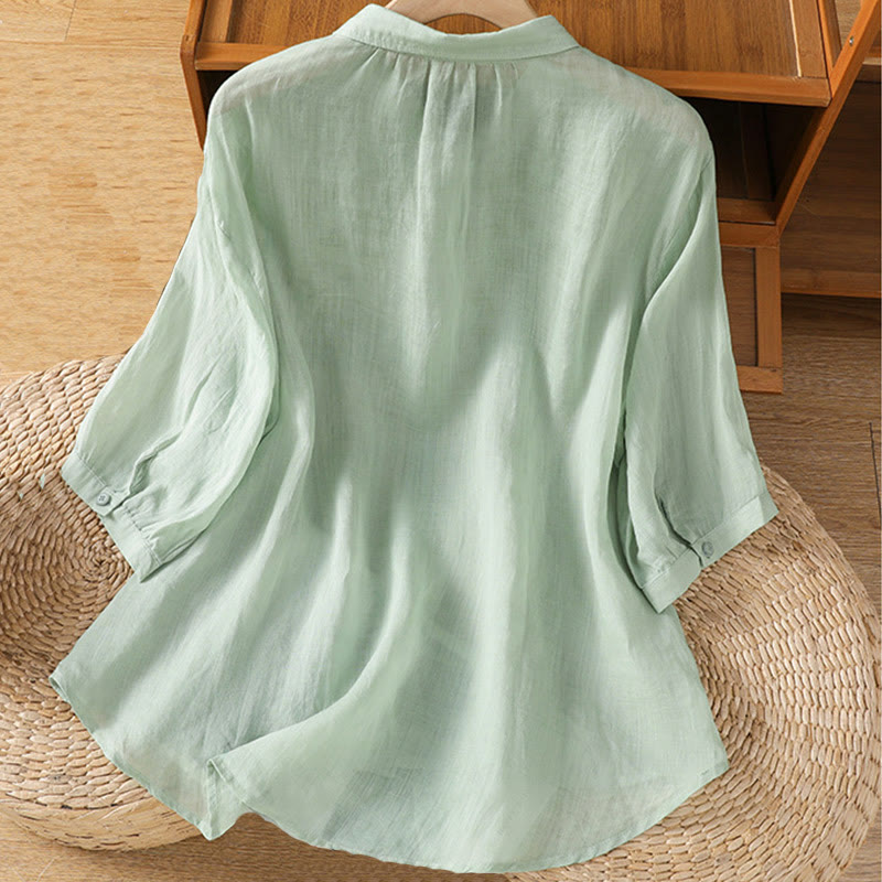 Buddha Stones Leaf Embroidery Cotton Buttons Half Sleeve Women's Shirt