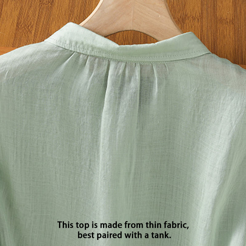 Buddha Stones Leaf Embroidery Cotton Buttons Half Sleeve Women's Shirt