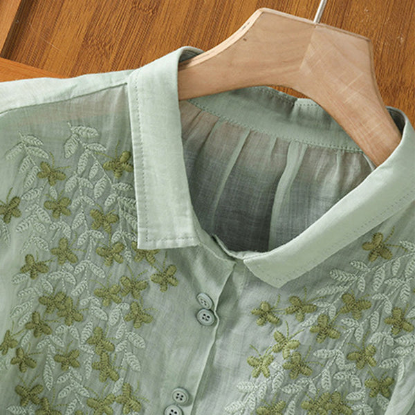 Buddha Stones Leaf Embroidery Cotton Buttons Half Sleeve Women's Shirt