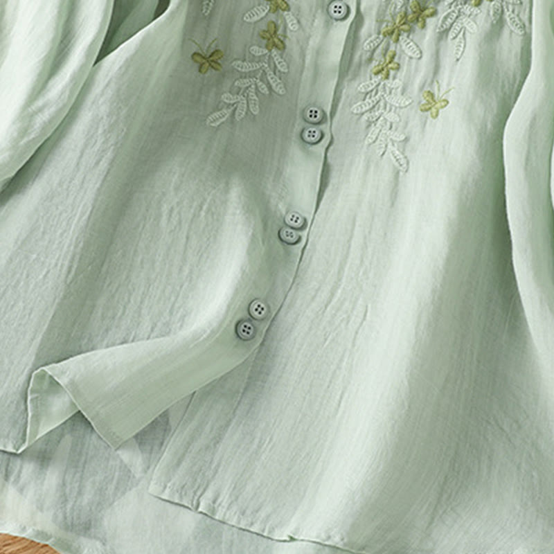 Buddha Stones Leaf Embroidery Cotton Buttons Half Sleeve Women's Shirt
