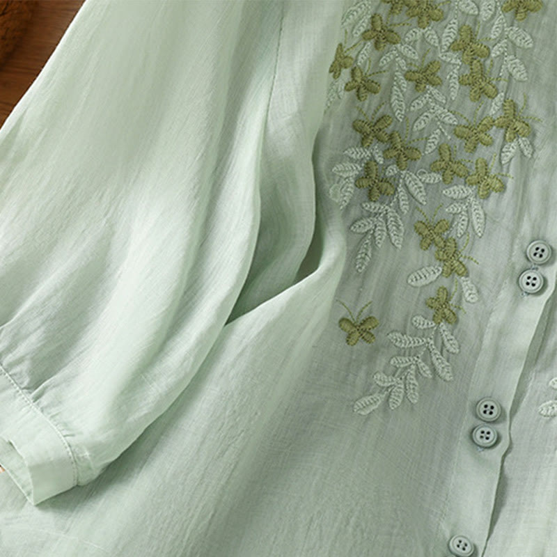 Buddha Stones Leaf Embroidery Cotton Buttons Half Sleeve Women's Shirt