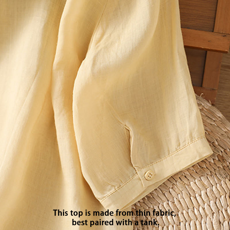 Buddha Stones Leaf Embroidery Cotton Buttons Half Sleeve Women's Shirt