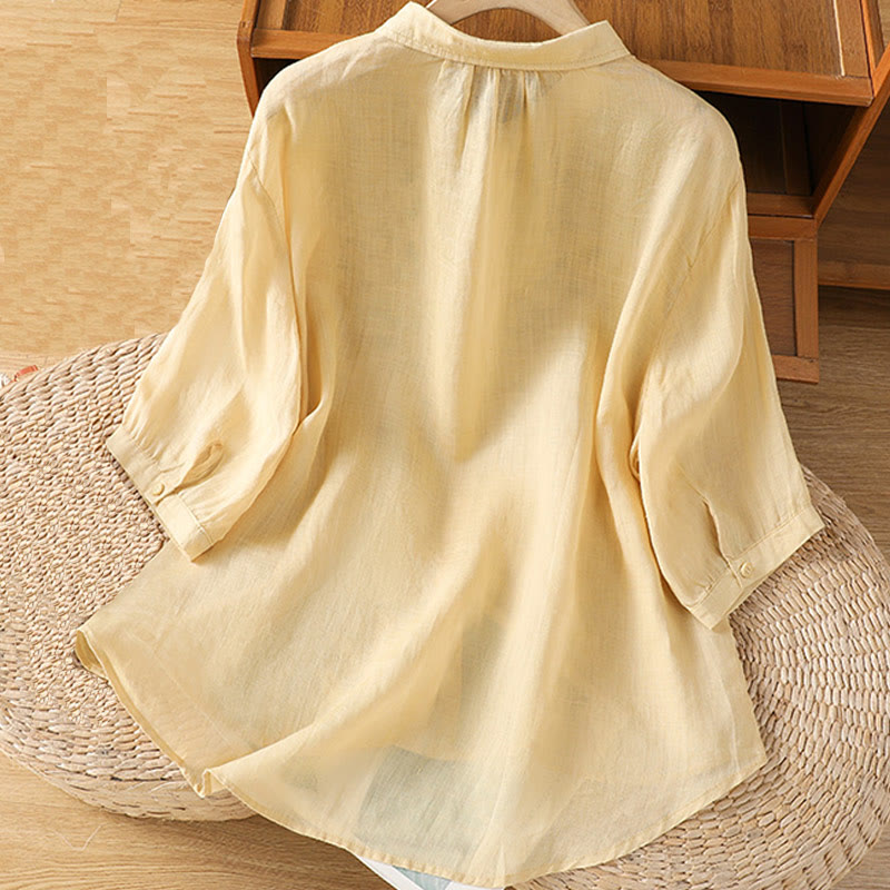 Buddha Stones Leaf Embroidery Cotton Buttons Half Sleeve Women's Shirt