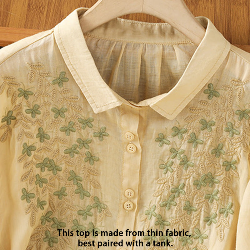 Buddha Stones Leaf Embroidery Cotton Buttons Half Sleeve Women's Shirt