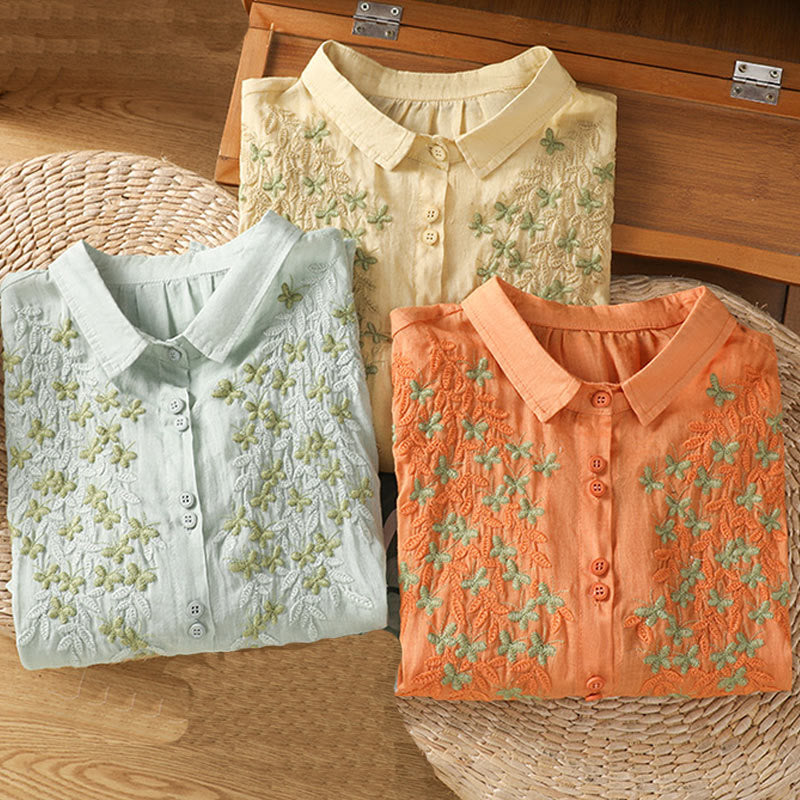 Buddha Stones Leaf Embroidery Cotton Buttons Half Sleeve Women's Shirt