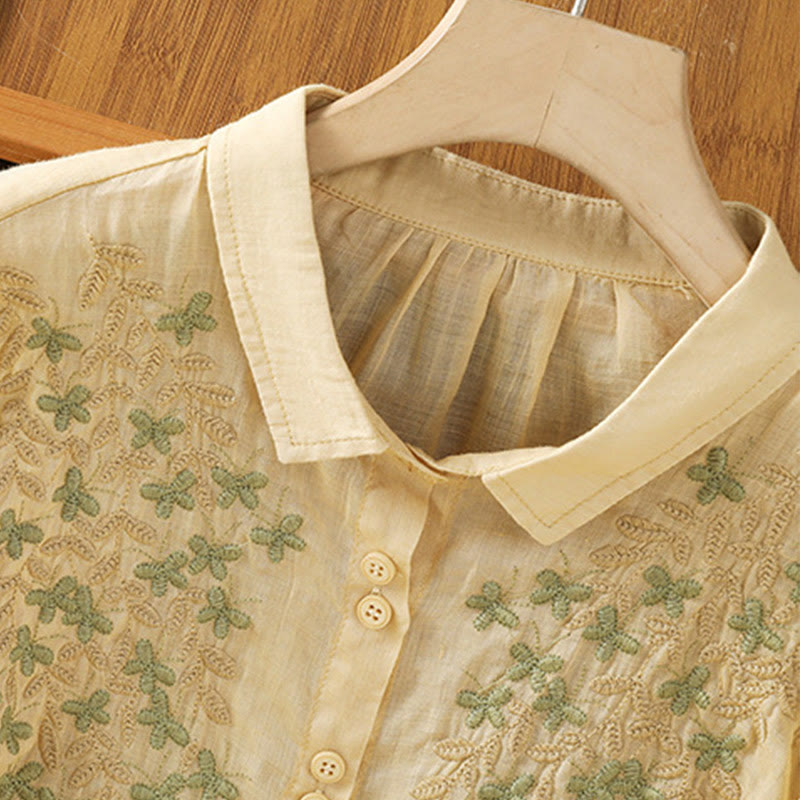 Buddha Stones Leaf Embroidery Cotton Buttons Half Sleeve Women's Shirt