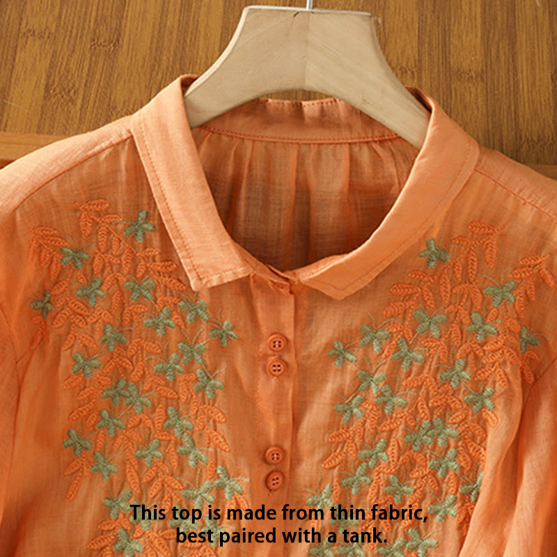 Buddha Stones Leaf Embroidery Cotton Buttons Half Sleeve Women's Shirt