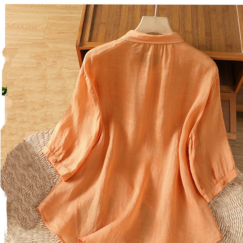 Buddha Stones Leaf Embroidery Cotton Buttons Half Sleeve Women's Shirt