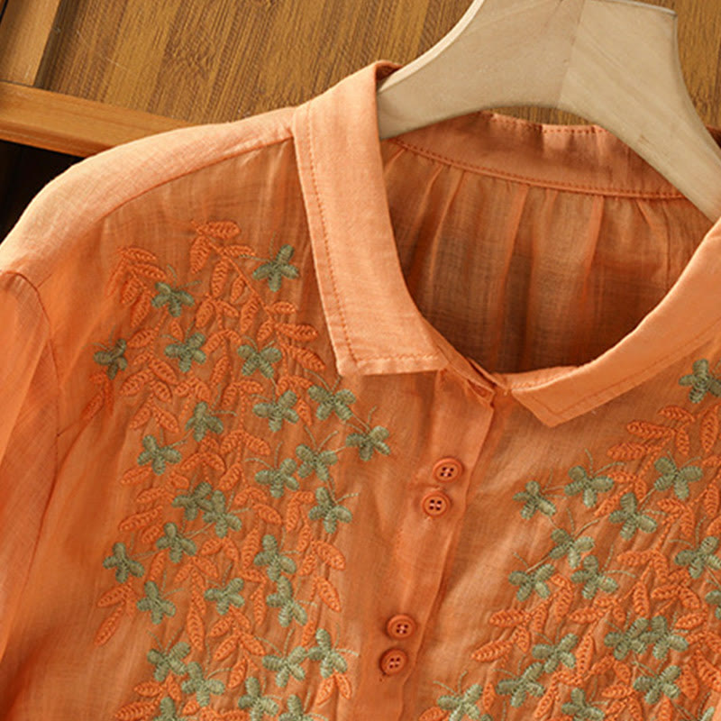 Buddha Stones Leaf Embroidery Cotton Buttons Half Sleeve Women's Shirt