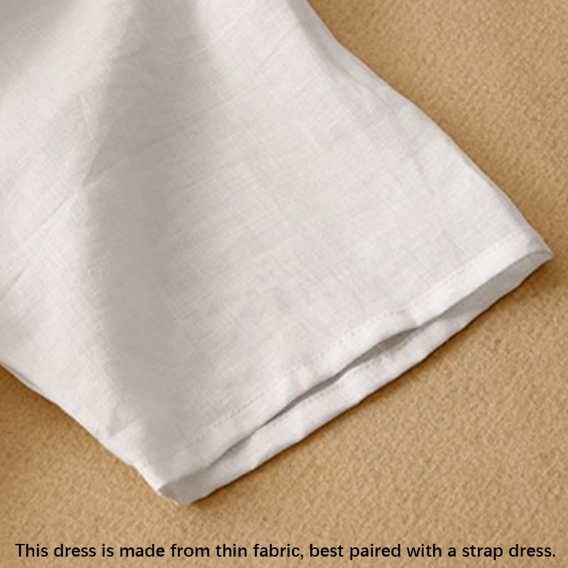 Buddha Stones Summer V-Neck Frog-Button Short Sleeve Cotton Linen Women's Midi Dress