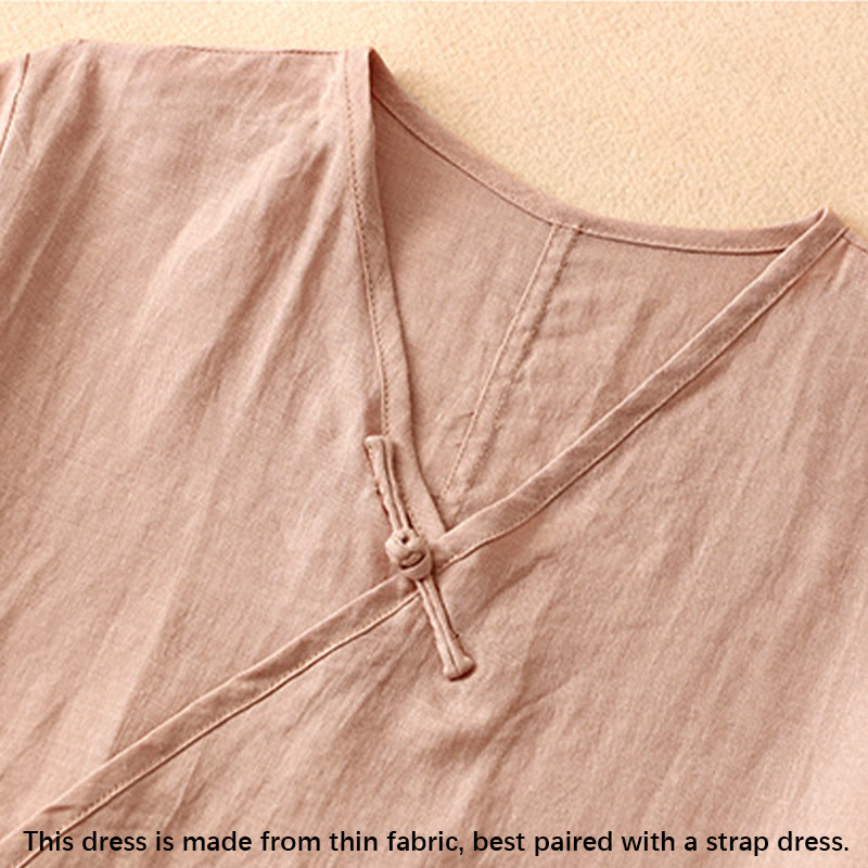 Buddha Stones Summer V-Neck Frog-Button Short Sleeve Cotton Linen Women's Midi Dress